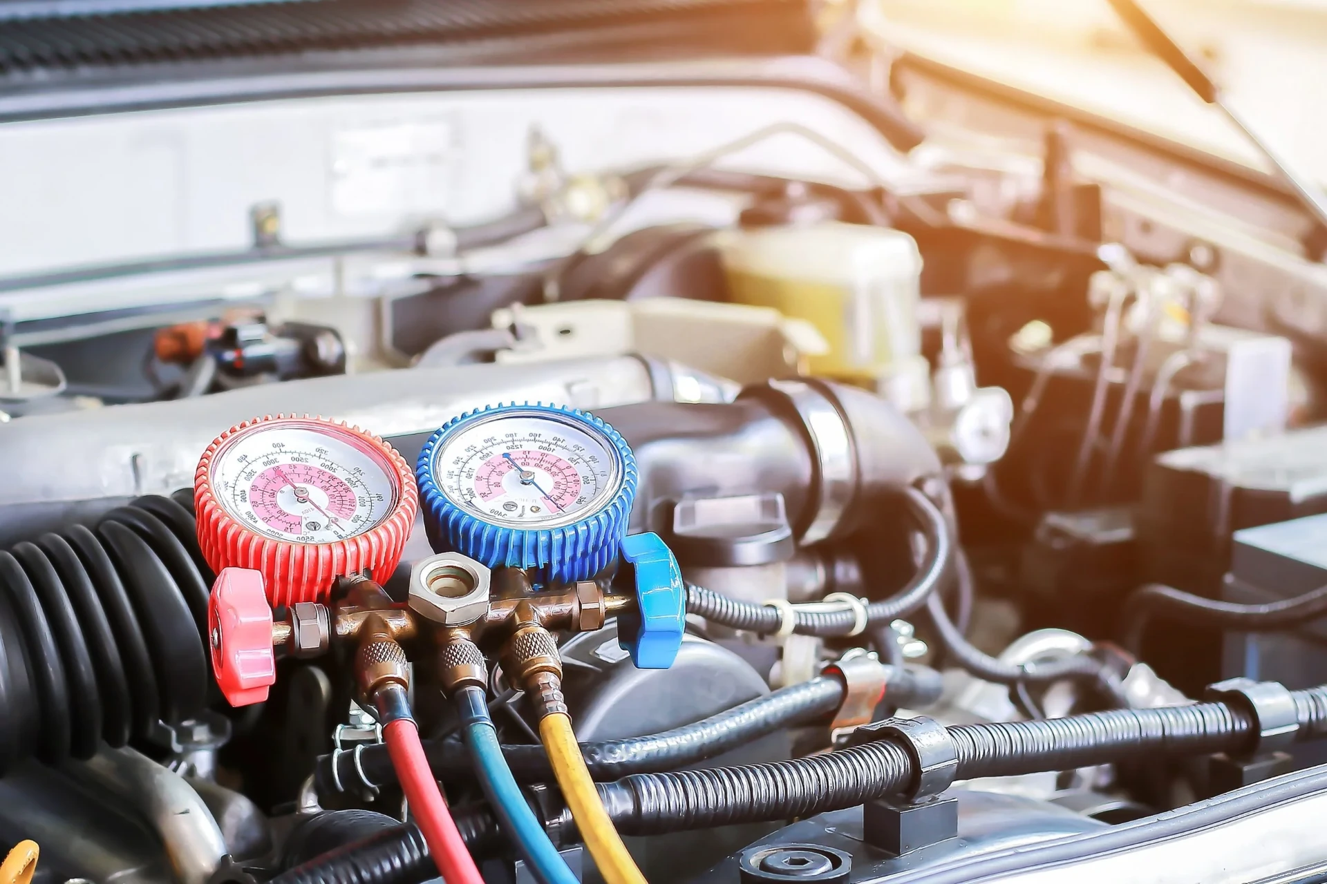 Air conditioning regas gauges connected to a vehicle engine bay